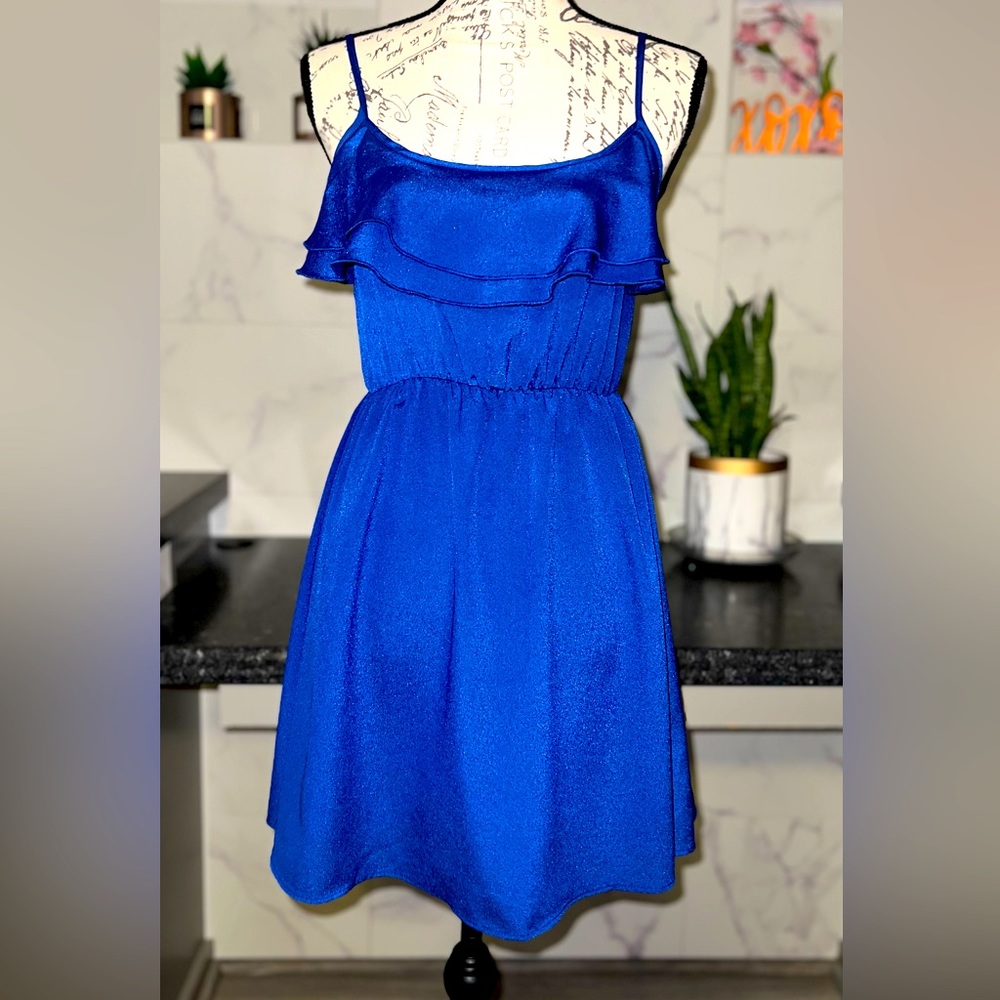 Royal blue women’s casual dress, adjustable straps, ruffle front detail, SMALL
